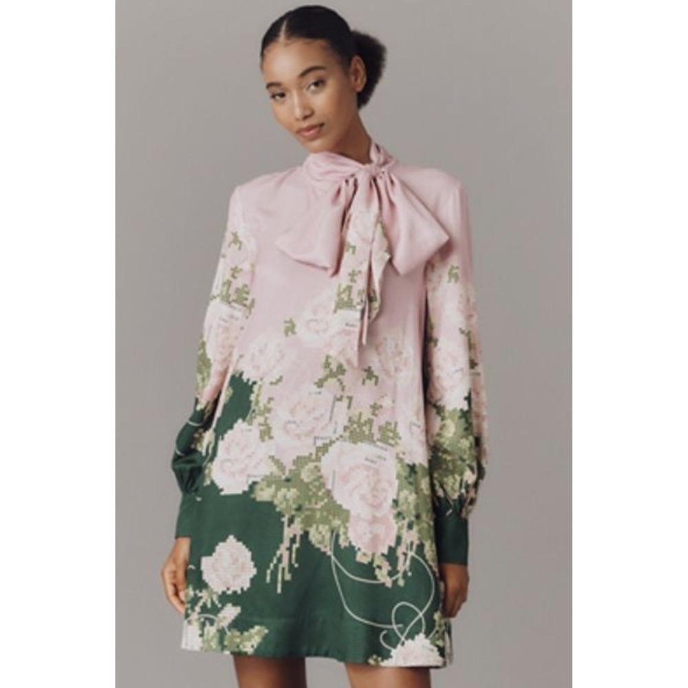 NWT Anthropologie Caroline Tie-Neck Mini Dress by Maeve XS Pink & Green Floral